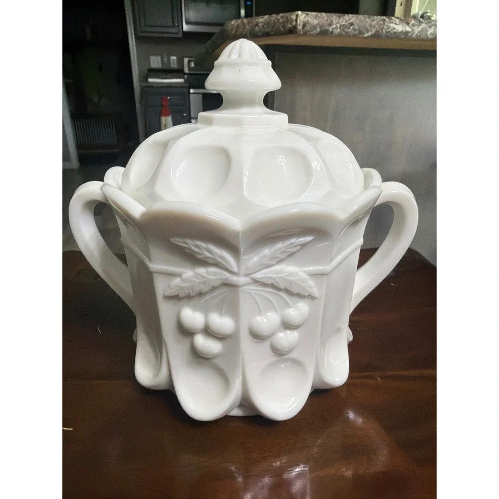 Vintage Milk Glass Paneled Grape Lidded Sugar Bowl White Cherry Finial